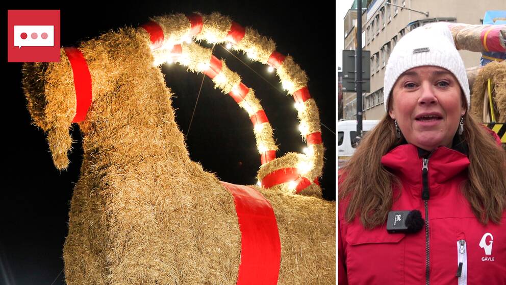 Tvådelad bild. Gävlebocken mot en mörk himmel, men ljus längst sina horn av halm. Porträtt av Gävlebockens talesperson Anna-Karin Niemann. Hon har bockens märke på sin jacka.