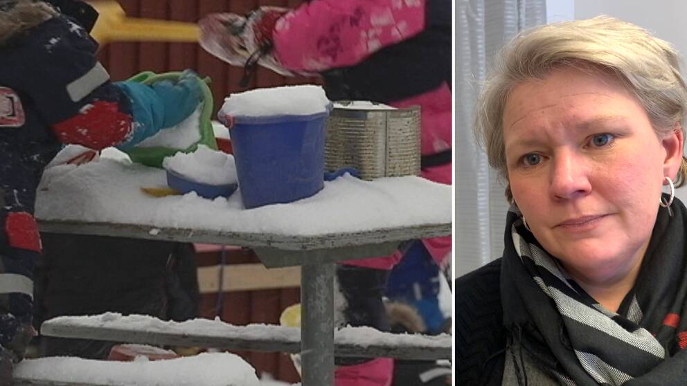 Till vänster: En genrebild på barn som leker med snö och hinkar utomhus. Till höger: Kajsa Pettersson, verksamhetschef för förskolor i Åre kommun.