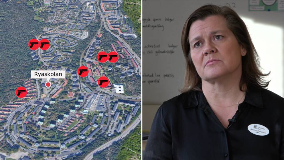 Satellitbild över Biskopsgården i Göteborg, sju tecknade pistoler är utplacerade på kartan runt omkring Ryaskolan, delad bild med Ryaskolans rektor Jessica Thompson