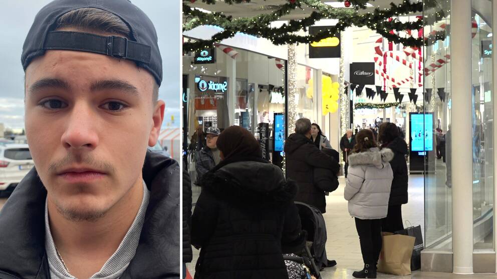 Bilden är delad i två. Den vänstra bilden är en bild på en kille i övre tonåren, Ajdin Zukancic. Den högra är en bild från shoppingcentrat Tuna Park under Black Friday.