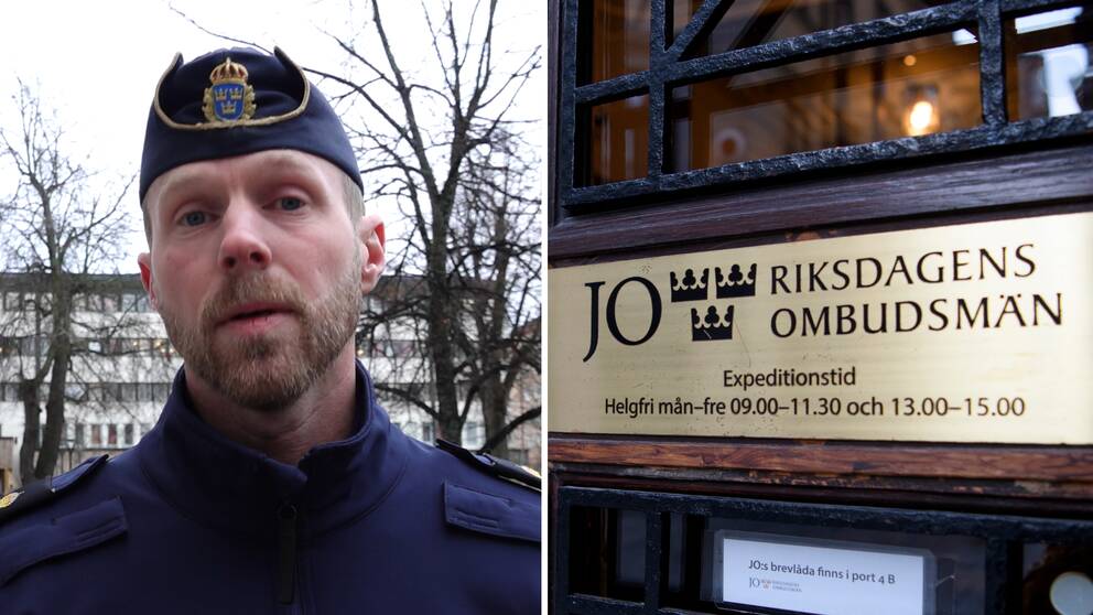 Bild på en uniformerad polis och skylt till Justitieombudsmannens kontor. Polisen heter Fredrik Becker och är biträdande lokalpolisområdeschef i Örebro. Han menar att misshandeln av ”Malin” i Örebro fått prioriterats av annat.