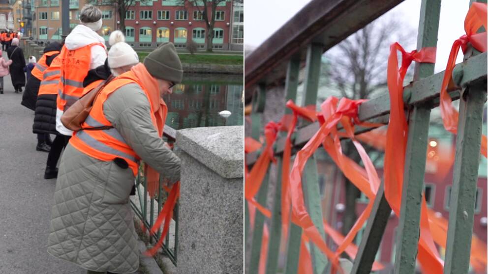 269 orange band knutna på Fredriksskansbron i Kalmar av engagerade för att manifestera mot mäns våld mot kvinnor.