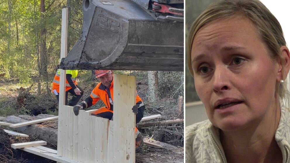 Flera personer i arbete med att dämma upp våtmarker, och en bild på en kvinna