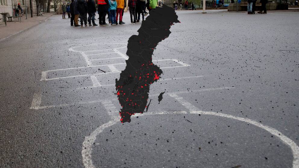 Genrebild på hage från skolgård. Karta som visar var skjutningar nära skolor skett runt om i Sverige. 