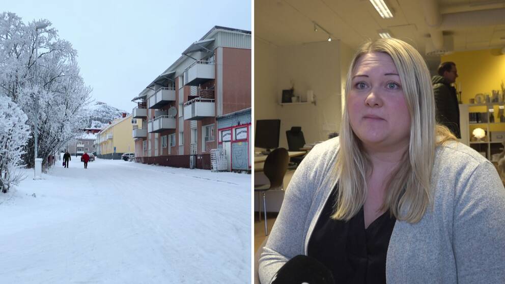 Till vänster: Bild på en snötäckta Föraregatan i Kiruna, där priserna på bostadsrätter blivit dubbelt så höga på några år. Till höger: Bild på fastighetsmäklaren Catrin Isaksson. Hon sitter inomhus, har blont långt hår och bär en grå kofta. 