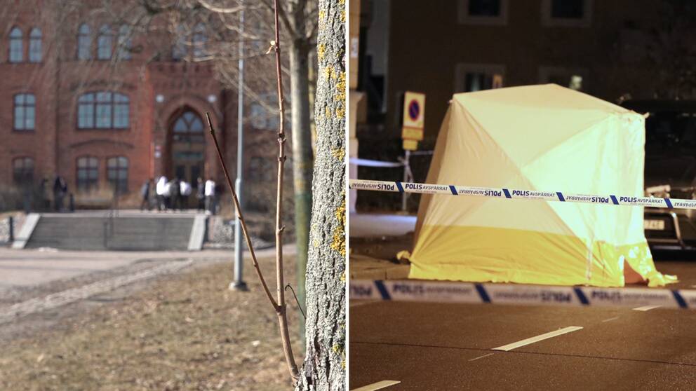 Till vänster: Bild på Vallbacksskolan i Gävle fotograferad framifrån med blå himmel bakom. Till höger: Bild på brottsplatsen som är avspärrad i samband med mordet på Söder i Gävle.