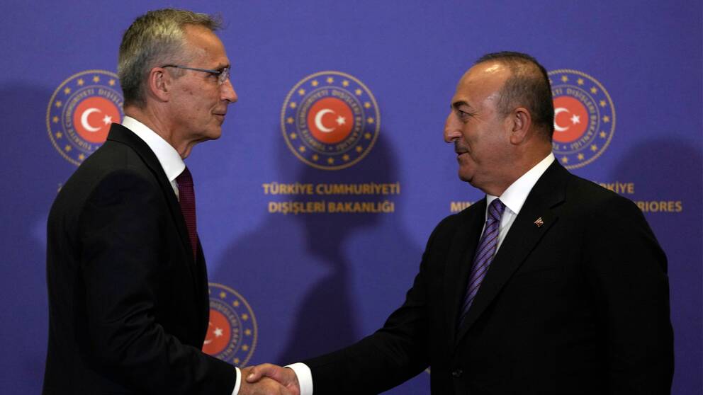 På bilden syns Natos generalsekreterare Jens Stoltenberg och Turkiets utrikesminister Mevlüt Cavusoglu skaka hand.