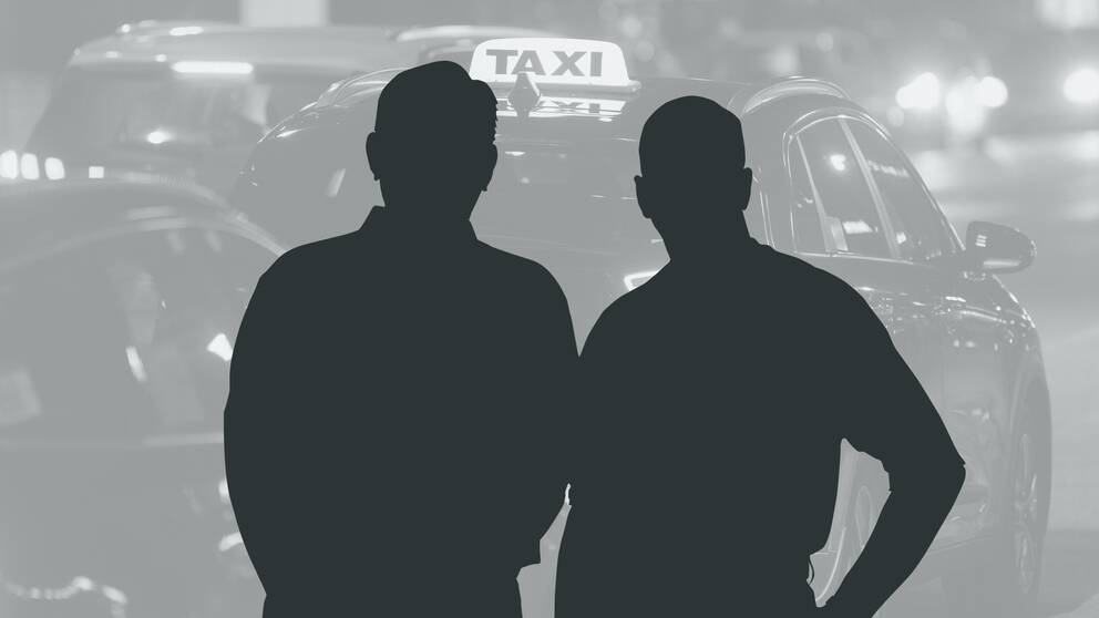 Tecknad bild på två manliga silhuetter framför en bild på en taxibil.