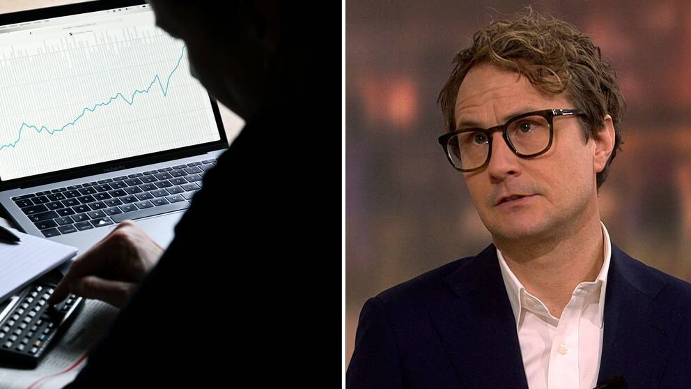Till vänster en person som räknar på miniräknare, till höger en bild på Konjunkturinstitutets generaldirektör.