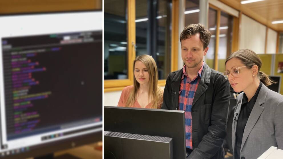 Forskarna Allison McMahan, doktorand och psykolog, Christoffer Rahm, chefsöverläkare och forskargruppsledare samt Johanna Lätth, doktorand och specialistpsykolog tittar på en skärm med chatt från darknet.