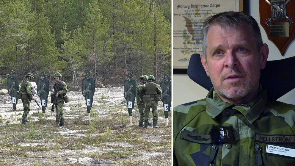 Kollage med soldater i övning till vänster, de är iklädda militärgrön mundering. Bakom dem står en rad med fem stycken låtsassoldater för prickskjutningsövning. Till höger major Johan Hellström, även han iklädd militärgröna kläder sittandes inne på sitt kontor. I bakgrunden syns ett diplom som hänger på väggen, med rubriken ”Military Intelligence Corps”.