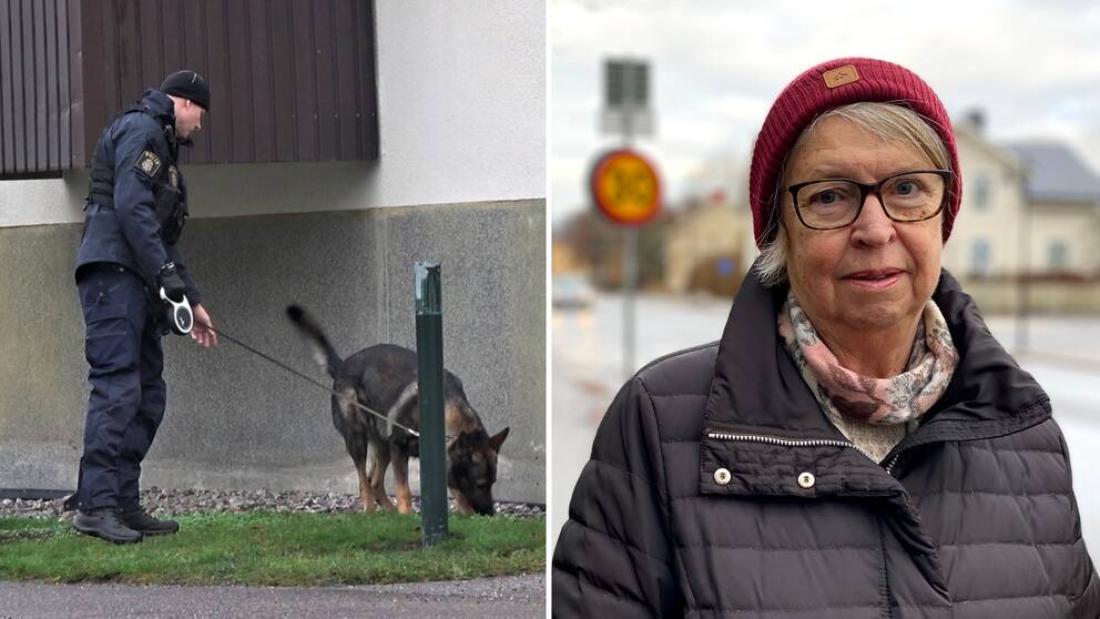Bilden är delad i två. Den vänstra bilden är en bild på en hundförare från polisen och hans hund. Den högra bilden är en porträttbild på Nyköpingsbon Agneta Jansson.
