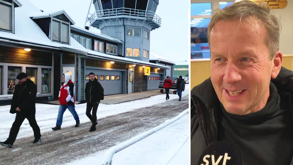 Till vänster: Bild på personer som promenerar utanför flygplatsen i Arvidsjaur, iklädda vinterkläder. Till höger: Bild på  tyske biltestaren Maximilian Engl som ser glad ut och säger att det är vackert i Arvidsjaur.
