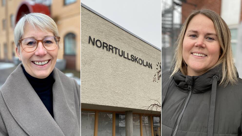 Bild på två kvinnor och en skola. Skolan heter Norrtullskolan och är en av två högstadieskolor som ska slås ihop till en i Söderhamn,