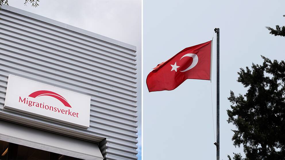 Migrationsverkets logga på en fasad / turkisk flagga vajar på flaggstång.