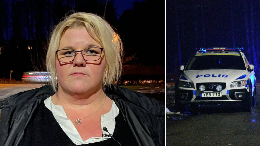 Tvådelad bild. Polisbil till höger. Blond kvinna med glasögon till vänster.