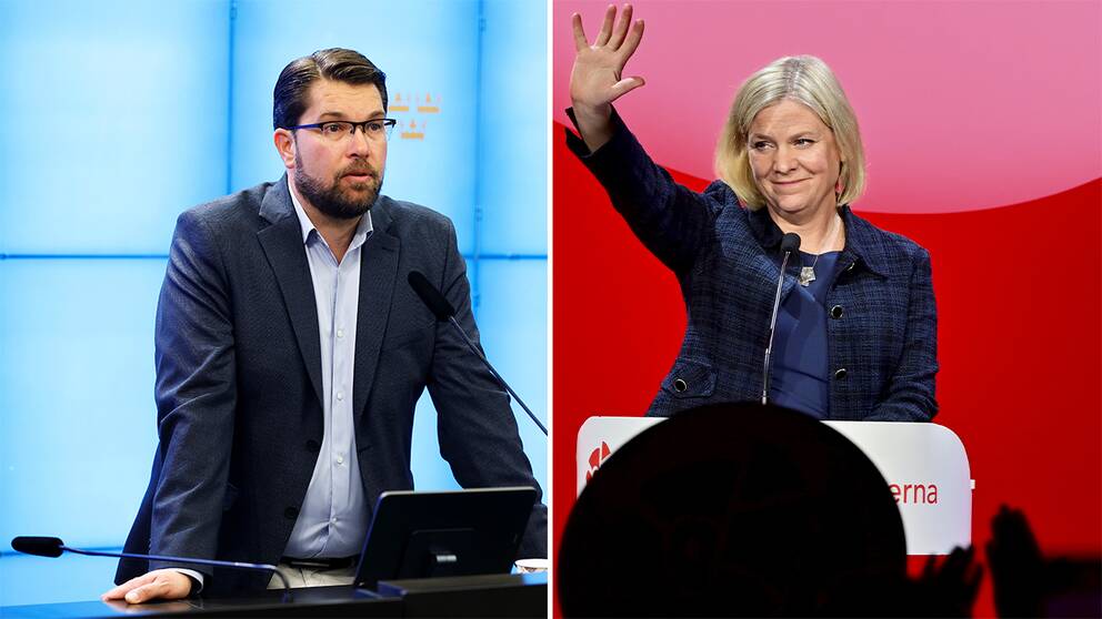 Jimmie Åkesson vid en pressträff i riksdagen. Magdalena Andersson vinkar till publiken på valvakan.
