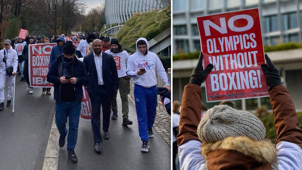 Ett 40-tal boxare och tränare, ledda av tidigare världsmästaren Roy Jones Jr, protesterar i samband med Internationella olympiska kommitténs (IOK) styrelsemöte i Lausanne.