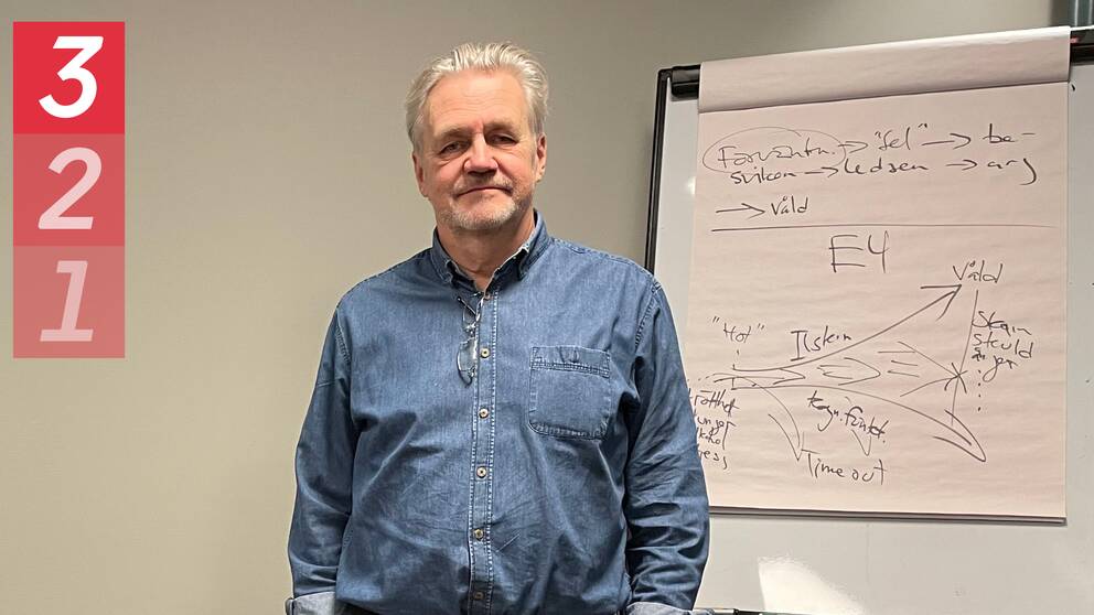 Psykologen Magnus von Campenhausen på Manscentrum står iklädd en blå skjorta framför en whiteboardtavla med förklaringar om hur våldsamhet fungerar.