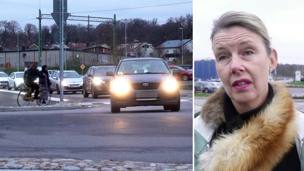 Cirkulationsplats med mycket trafik vid Parkdalaskolan i Ronneby och rektorn Camilla Radovan Movind.