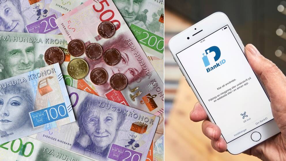 En man i 55-årsåldern åtalas vid Östersunds tingsrätt för penningtvättsbrott. På bilden syns svenska pengar av olika valörer till vänster och en hand som håller i en mobiltelefon med bank-ID öppet till höger.