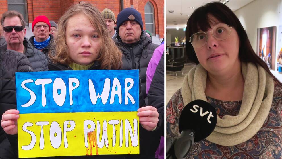 Till vänster: Ett barn står bland demonstranter och håller i en skylt med texten ”Stop War, Stop Putin”. Till höger: Lilia Eriksson, står inomhus och berättar i en SVT-mikrofon om hur hon behandlats av Sputnik i Luleå.