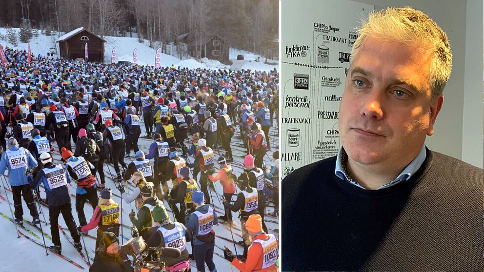 Splitbild på mängder av vasaloppsåkare och Jonas Eriksson som är vd för vasaloppet