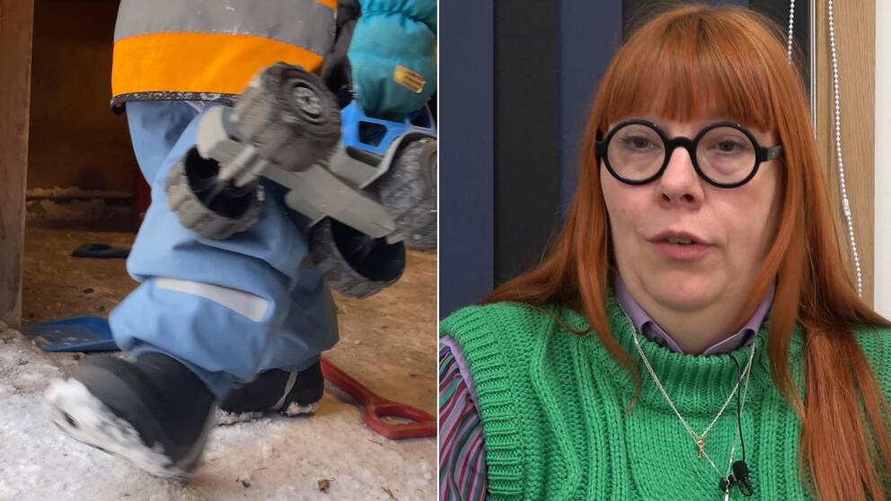 Till vänster: Bild på ett barn på en förskola som bär en leksaksbil utomhus. Till höger: Bild på verksamhetschefen Elisabet Uitto, en kvinna i medelåldern med rött hår och glasögon, som kommenterar bristen på förskollärare i Östersund.