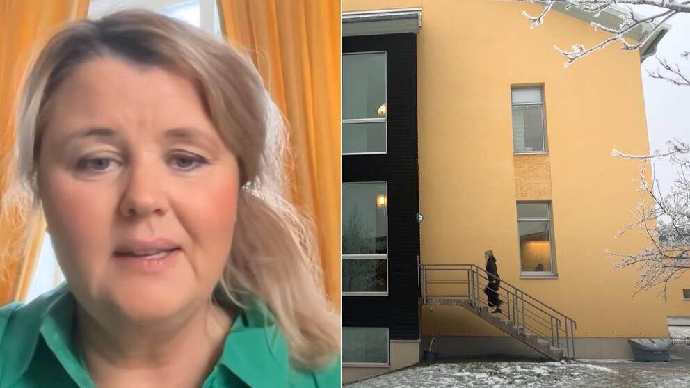 Till vänster: Bild på Anna Nelding, kvinna i medelåldern med blont hår, som är programansvarig för Mittuniversitetets förskollärarutbildning i Östersund. Till höger: Bild på ett gult hus.