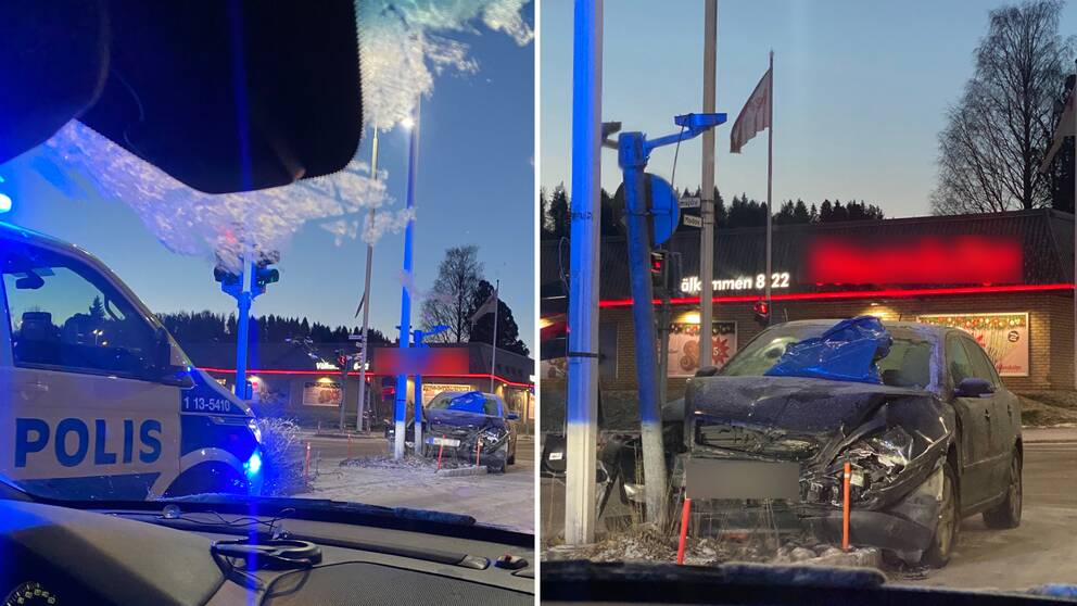 Montage: Till vänster en bild där man ser en polisbil med blåljus, och en av de skadade bilarna som står mot en stolpe lite längre bort. Till höger en närmre bild på den skadade bilen som kört in i en stolpe.