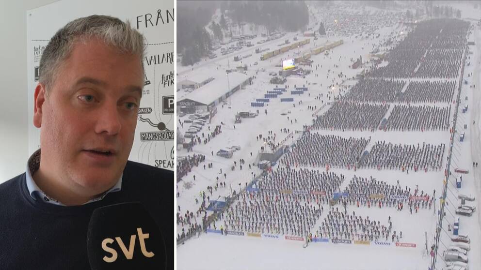 Till vänster: Vasaloppets vd Johan Eriksson talar i SVT:s mikrofon. Till höger: Drönarbild som visar det stora startfältet under ett tidigare vasalopp.