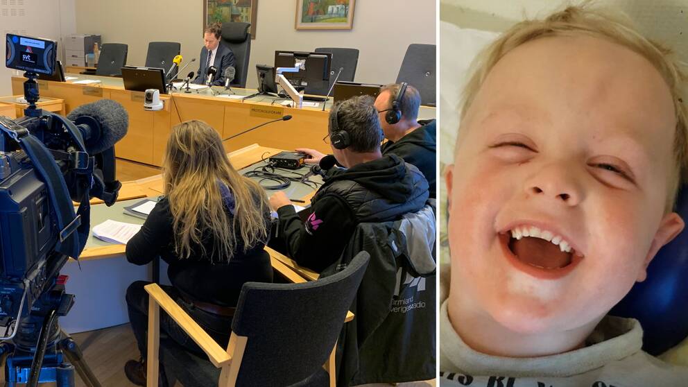 Presskonferens vid Värmlands tingsrätt där domen föll och en privat bild på John Walter som litet barn.