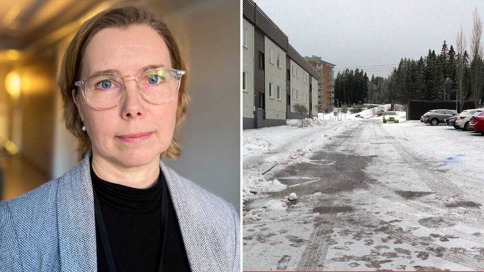 Montage: Till vänster ett porträtt på Karin Everitt i svart polotröja med en gråspräcklig kavaj ovanpå. Hon har transparenta glasögon och kort hår. till höger bilar på en parkering invid bostadshus vintertid