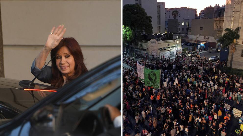 Anhängare till Argentinas vicepresident ​Cristina Fernández de Kirchner demonstrerade framför kongressen i Buenos Aires efter att domen. Bild på ​Cristina Fernández de Kirchner som vinkar, bredvid bild på folkmassan utanför Argentinas kongress.