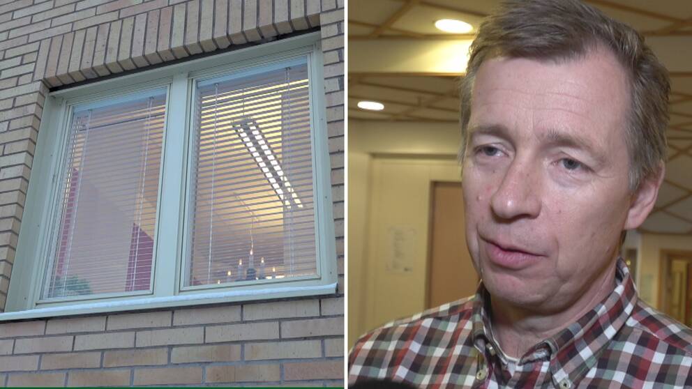 en tvådelad bild, till vänster ett fönster på en byggnad, tagen utifrån. Till höger en bild på Aarjeplogs kommunchef Peter Andersson en man i medelåldern, rutig skjorta, kort mellanblont hår.