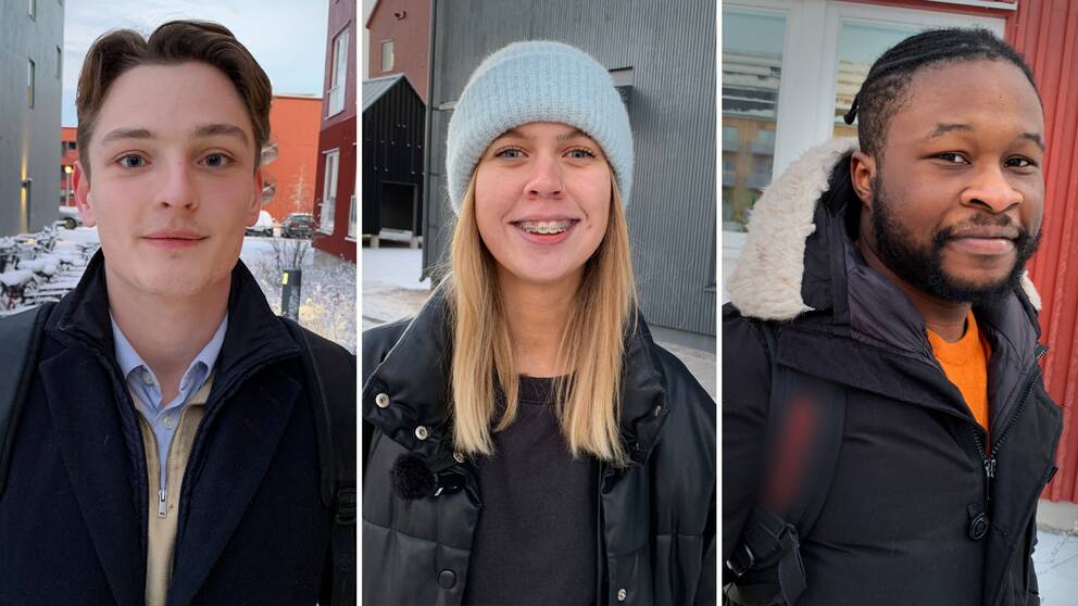 Tre porträttbilder på studenter i Gävle: Kasper Drakendal, Julia Karlsson och Demmy Olaitan. De står utomhus framför hyreshus och berättar om vad de tycker om hyreshöjningen som väntar studentlägenheter. 