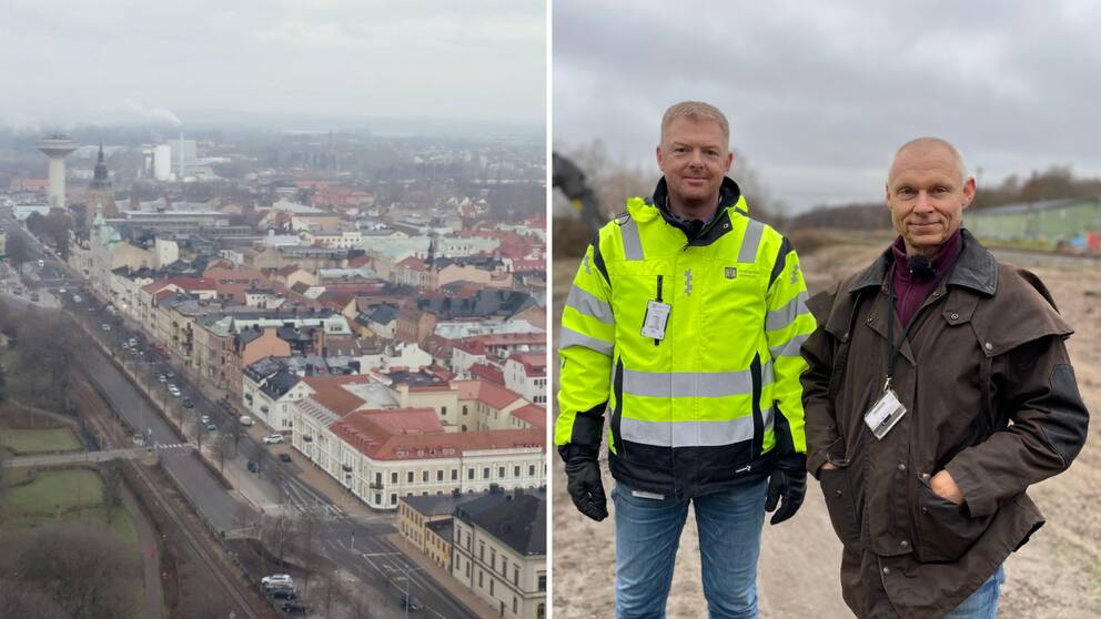 Mårten Svensson, projektledare på tekniska förvaltningen, och Karl-Erik Svensson, dammtekniskt sakkunnig, ler in i kameran. Till vänster en drönarbild över Kristianstad.