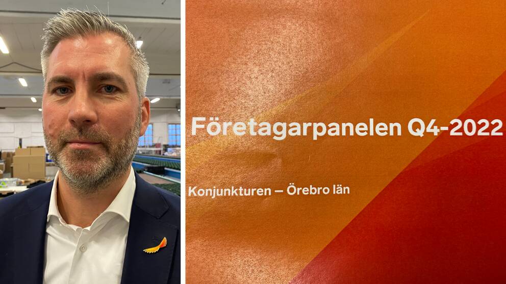 Bild på person och ett bokomslag. Mannen heter Karl Hulterström och är regionchef för Svenskt Näringsli. Han berättar om förväntningarna på det närmaste året. Boken handlar om konjunkturen i Örebro län.