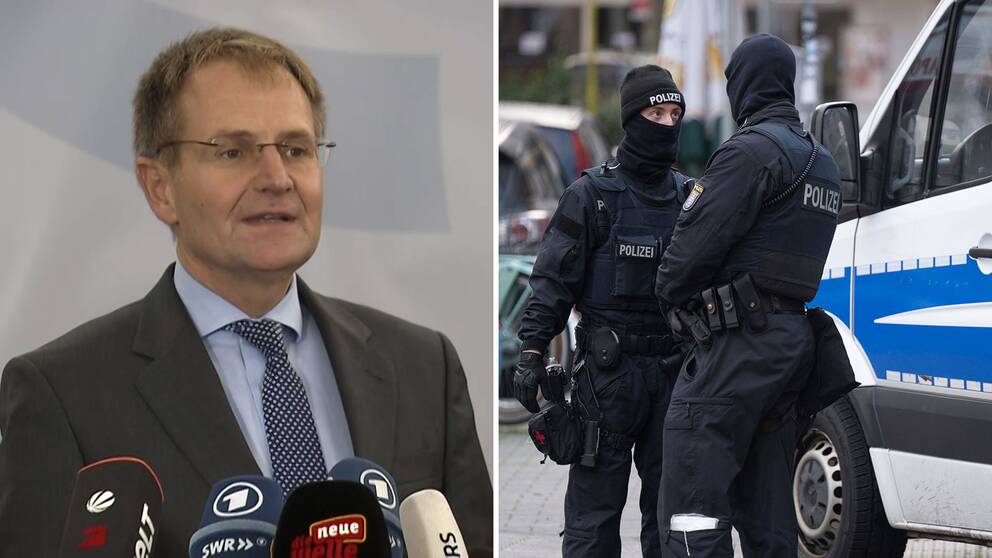 Pressträff om  tillslagen mot högerextremister i Tyskland samt en bild på poliser som deltog i insatsen.