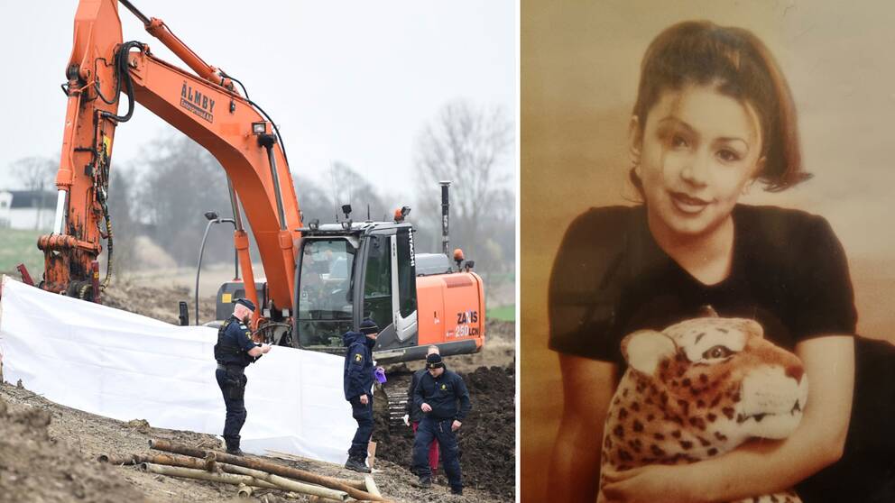 Grävmaskin och poliser vid Nordanå där kravlevorna hittades samt porträtt på Marua Ajouz till höger.