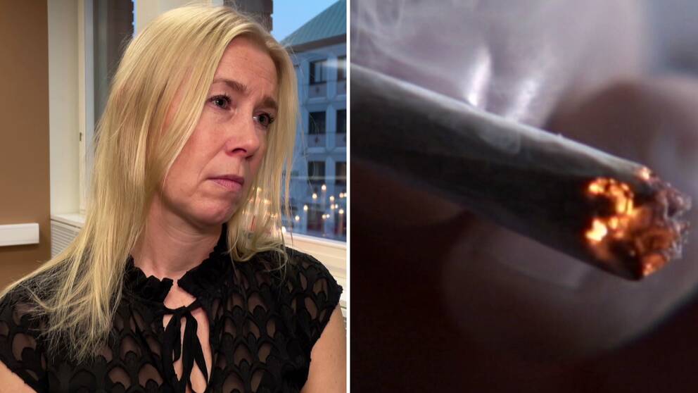 Bild på en kvinna med svart tröja och en bild på cannabis. Kvinnan heter Linda Hultgren och är behandlingskonsulent på Nexus. Hon tar emot många ungdomar som vill ha hjälp att sluta med cannabis.