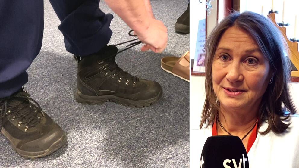 bildsplitt med två bilder. en person knyter ett par kängor och en kvinna med brunt hår kollar in i kameran.
