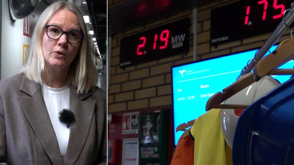 Bild på en kvinna och en bild på hjälmar, skyddsutrustning och skärmar där det står mängd elförbrukning. Kvinnan heter Kristina Käck och är energi- och miljöchef på Västfastigheter. Hon berättar hur Västra Götalandsregionen  lyckats kapa sin elförbrukning med 30 procent.