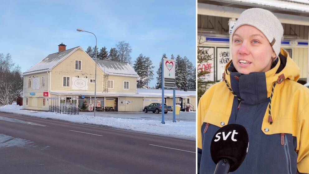 En lanthandel i Malungsfors med miljö vinter och en kvinna i vit mössa och gulblå jacka.