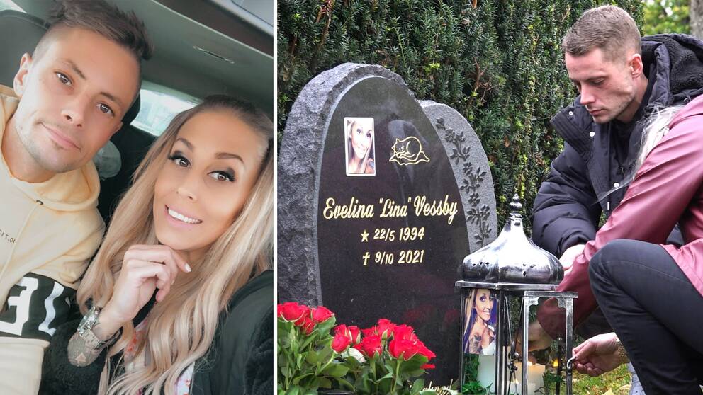 Tvådelad bild. Till vänster en bild på Evelina Vessby och Johan Hallqvist. Till höger en bild på när Johan sitter vid Evelinas gravsten och tittar ner i marken.