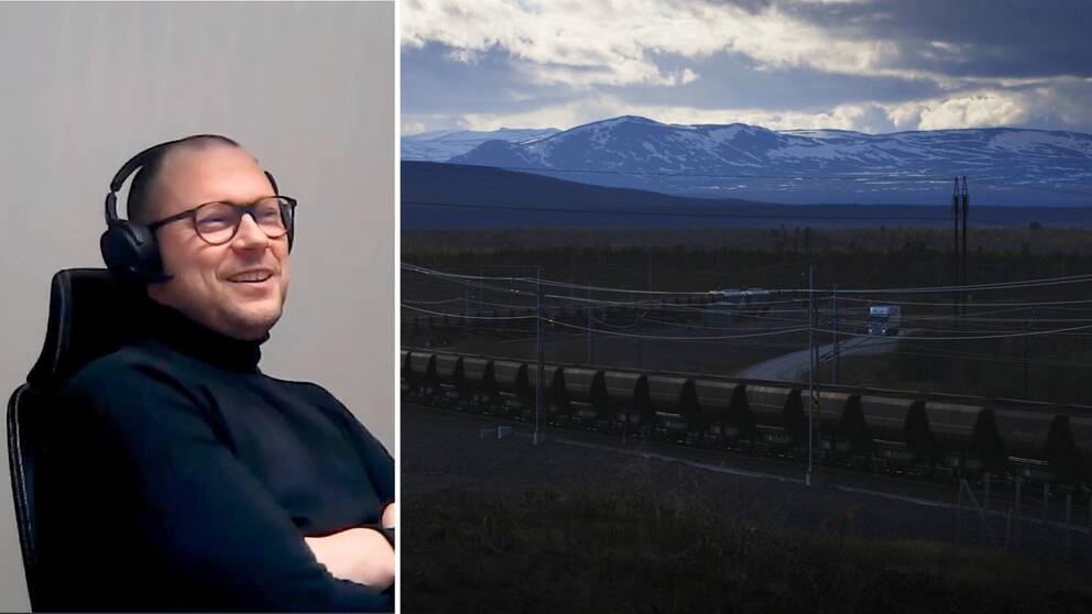 Delad bild. Till vänster en glad man i svart polotröja och stora hörlurar. Till höger en landskapsbild med ett fjäll i bakgrunden och ett långt godståg i förgrunden.