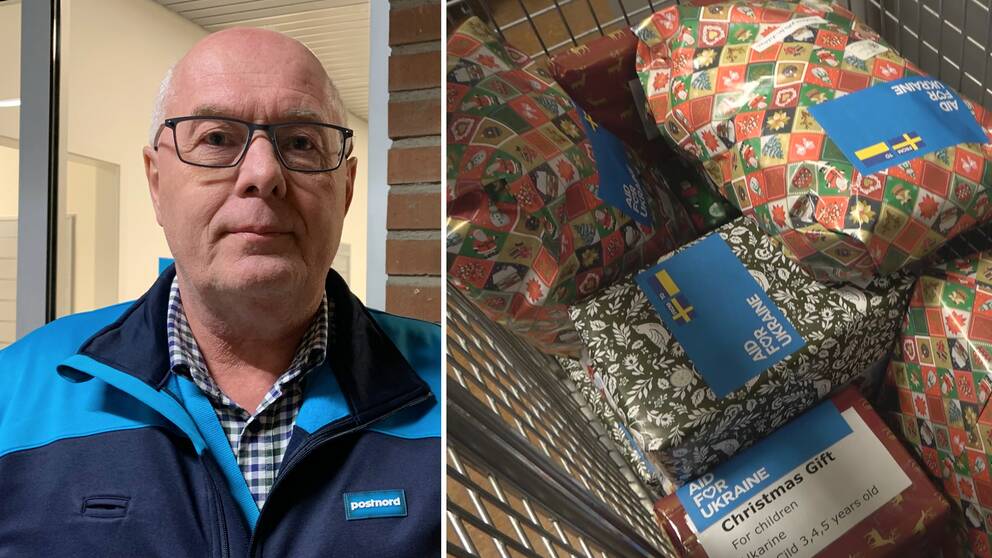 Till vänster: Anders Öman som är terminalchef på Postnord i Sundsvall, som tittar in i kameran iklädd blå arbetskläder. Till höger: En hög med färgglada paket i olika mönster i rött och grönt, märkta med blå etiketter som har texten ”Aid for Ukraine” och både svenska och ukrainska flaggan.