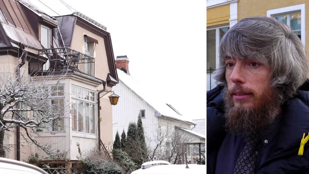 Bild på villor i ett snöklätt område, delad bild med en man i dunjacka (fastighetsmäklaren Johan Carlsson)