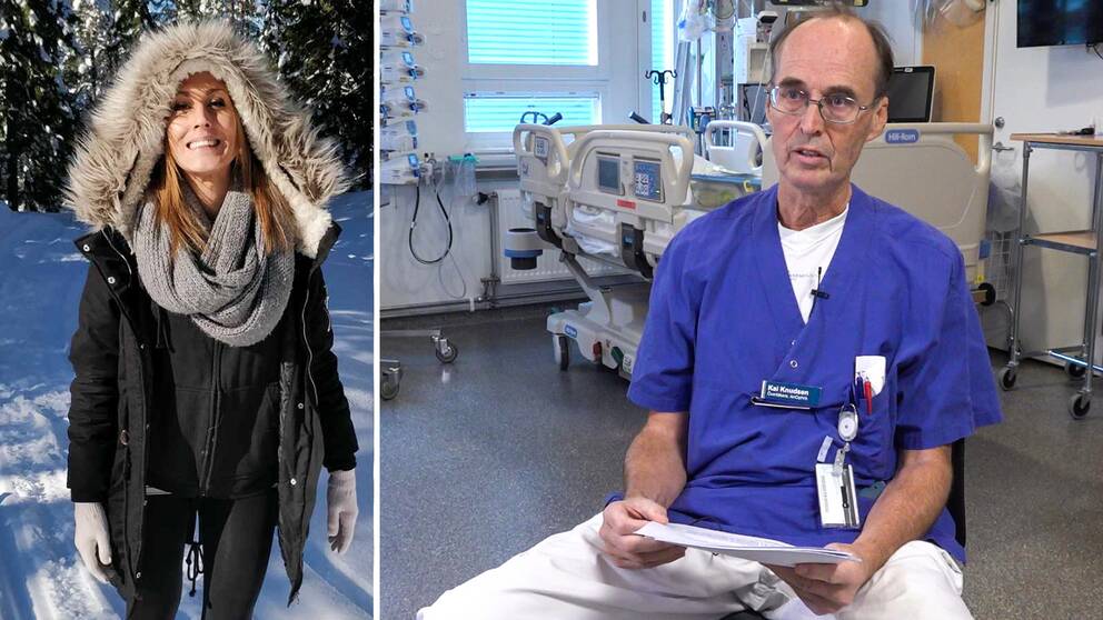En tvådelad bild. Till vänster Evelina Vessby ute i snön i vinterjacka. Till höger Kai Knudsen som sitter i sjukhusmiljö med ett papper i handen.