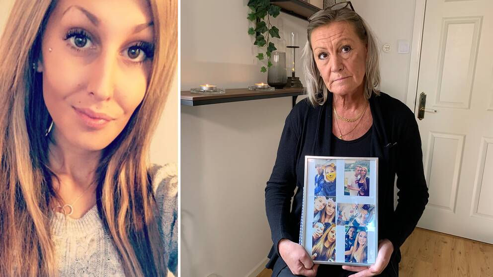 Tvådelad bild. Till vänster en selfie på Evelina Vessby. Till höger hennes mamma, Anna Vessby, som sitter med en tavla med bilder på Evelina på i handen.